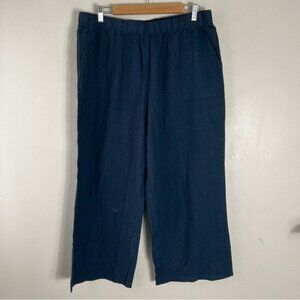 Felina Blue wide leg cropped Linen Cotton Blend Pull On  Pant Lagenlook SZ Large